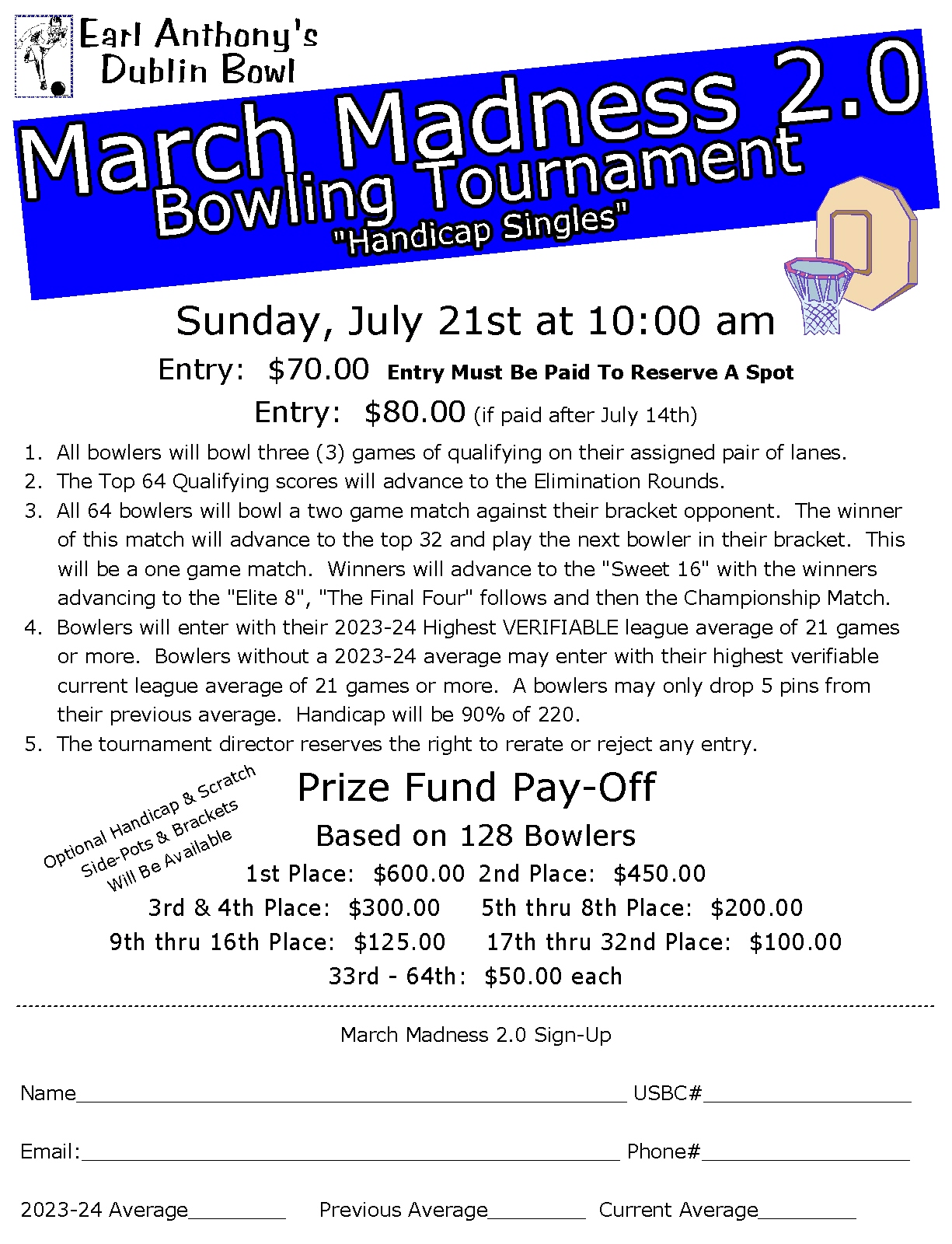 march madness 2.0 bowling tournament flyer